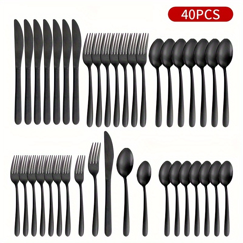 

40pcs Elegant Black Stainless Steel Flatware Set - , Mirror Polished Knives, Forks, Spoons & Teaspoons For 8 - Dishwasher Safe, Dining & Entertaining