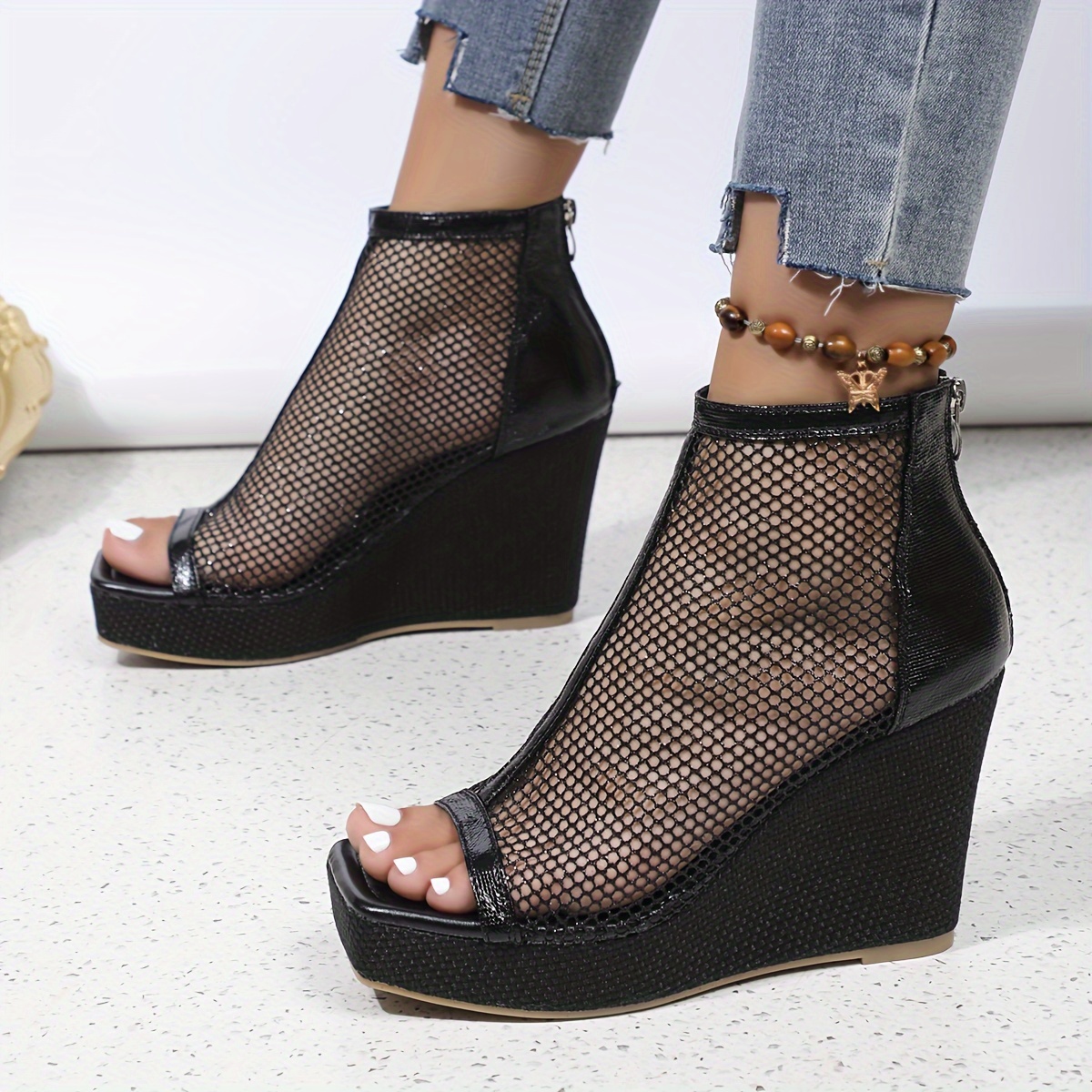 botas cuña elegantes mujer en malla negra cremallera lateral