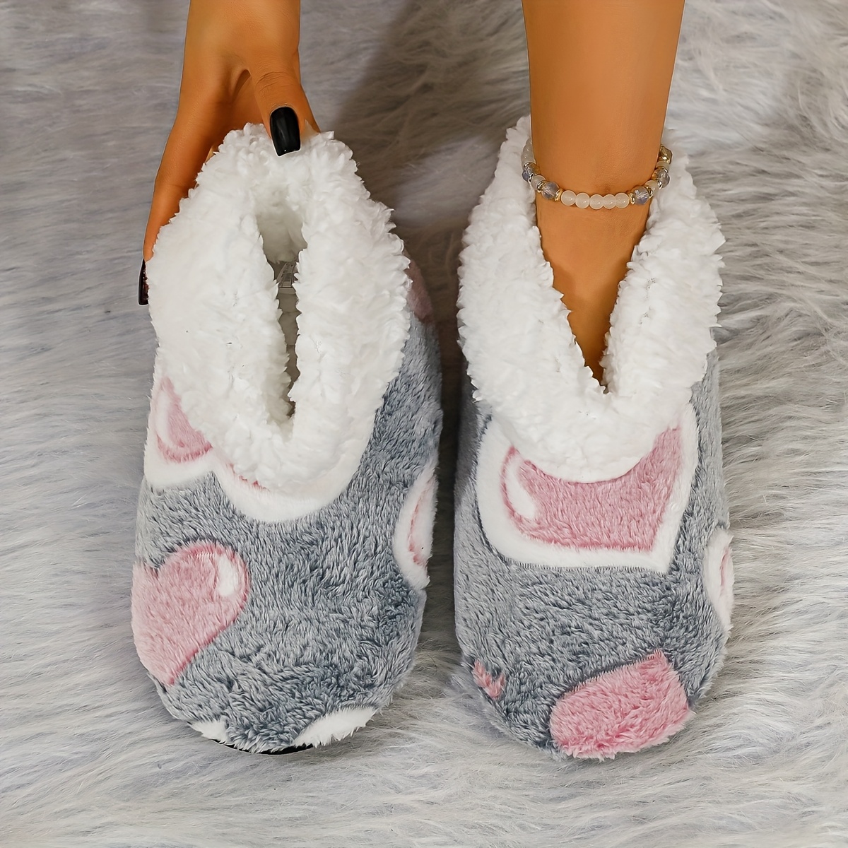 TEMU Pantuflas de invierno para mujer para uso doméstico en interiores con moderno estampado de corazones, forro de felpa para mayor , calzado casual