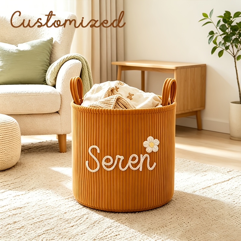Personalized Name Corduroy Storage Basket with Carry Handle, Large Capacity