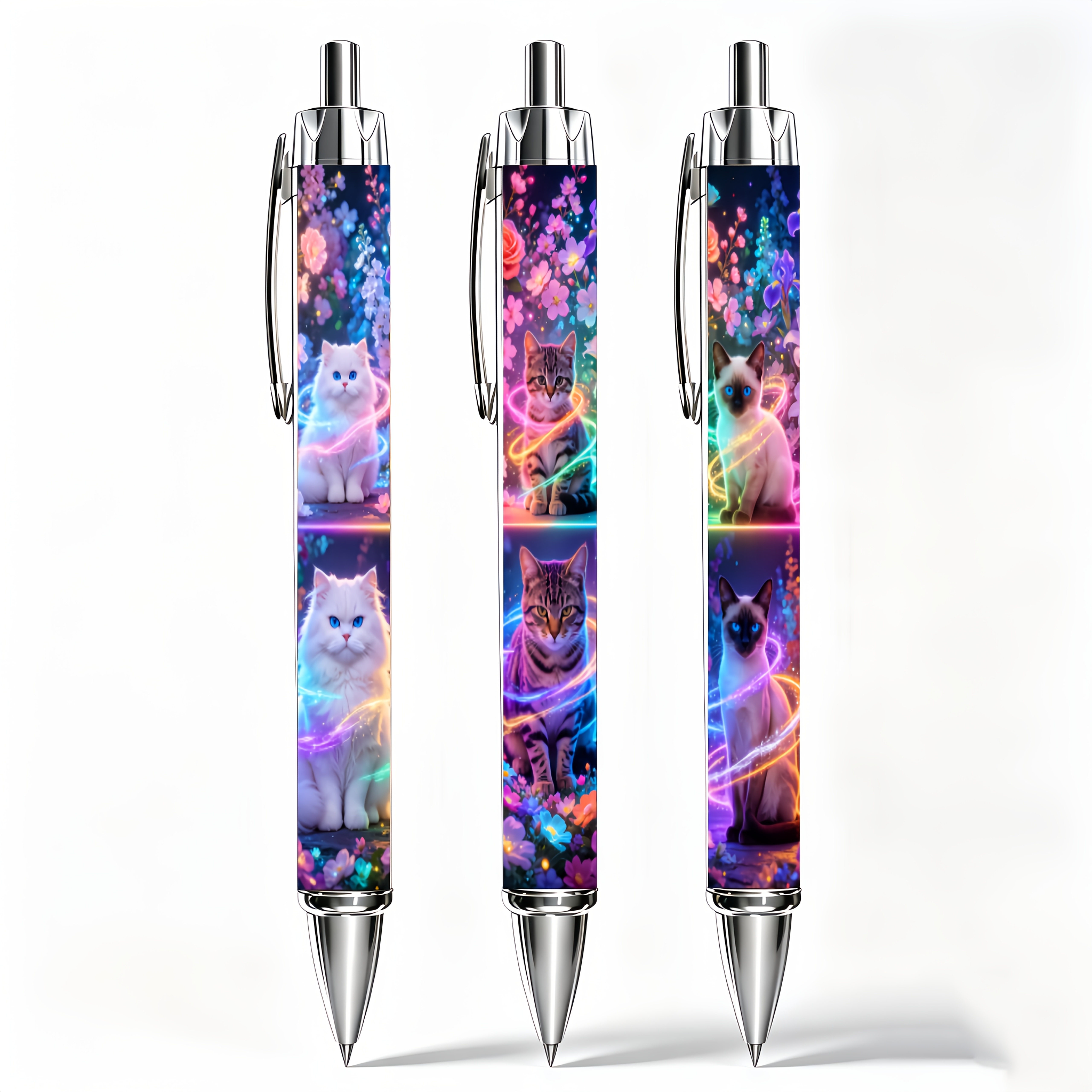 TEMU 3pcs Cats Floral Click Set. Each Pen Features A Of Exquisite Cat Designs Printed On Its , With Neon Lighting Effects And Colorful Floral