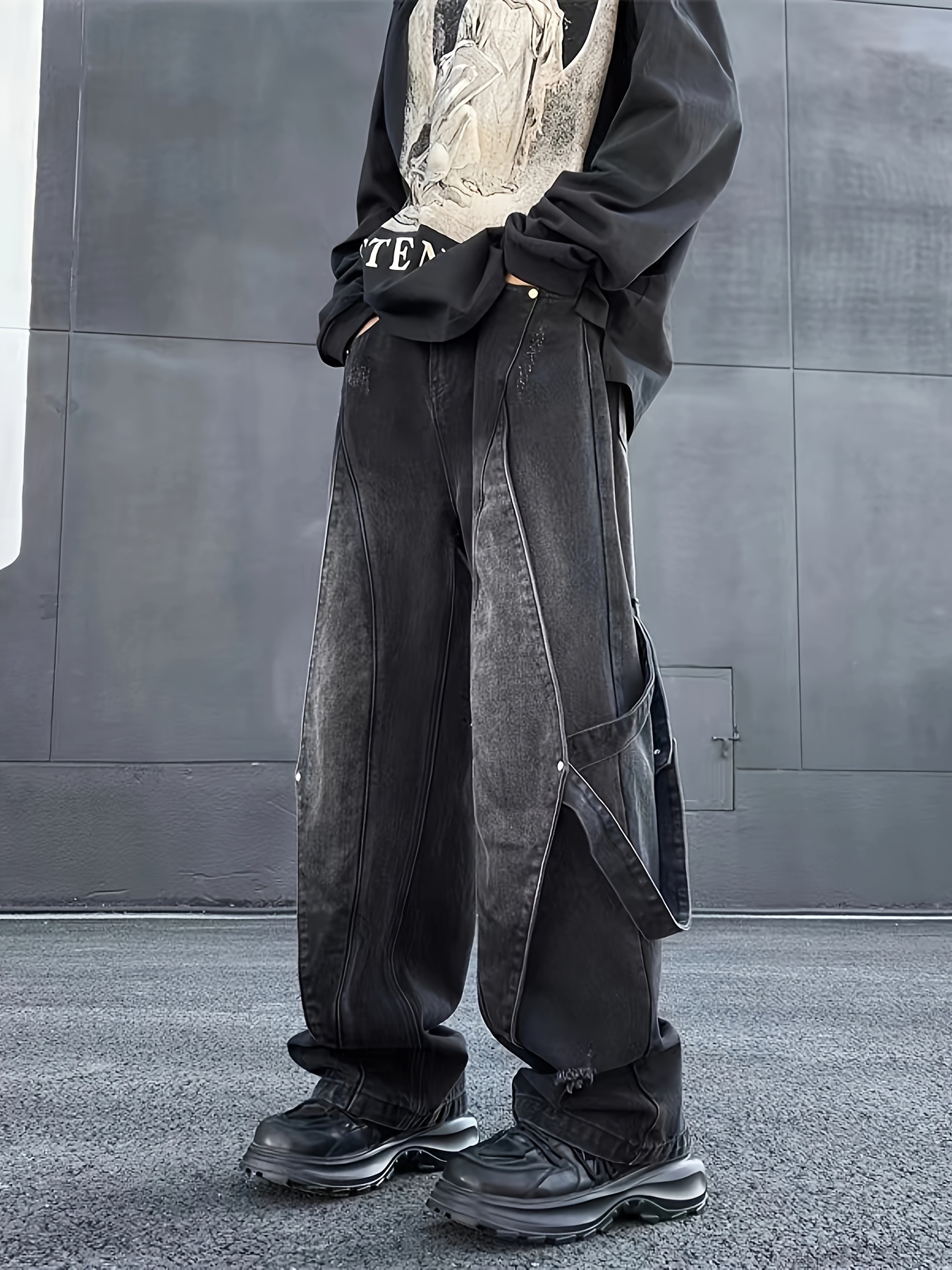 *'s Heavy-Distressed Vintage Wide-Leg Jeans Oversized Straight-Leg  Relaxed Fit with Frayed Hem Copper Stud Belt-Like (* Denim