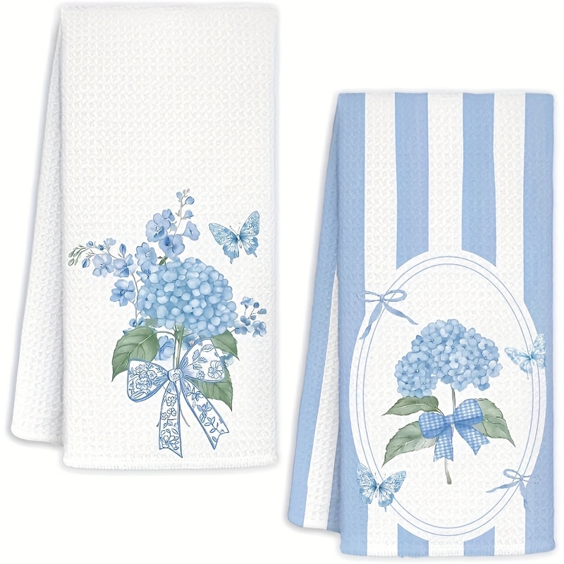 TEMU Set Of 2/4/8 Blue Striped Hydrangea And Design Kitchen Towels, Tea Towels, Kitchen And Bathroom Decor, Cleaning Cloths, Reusable, Dish Towels,