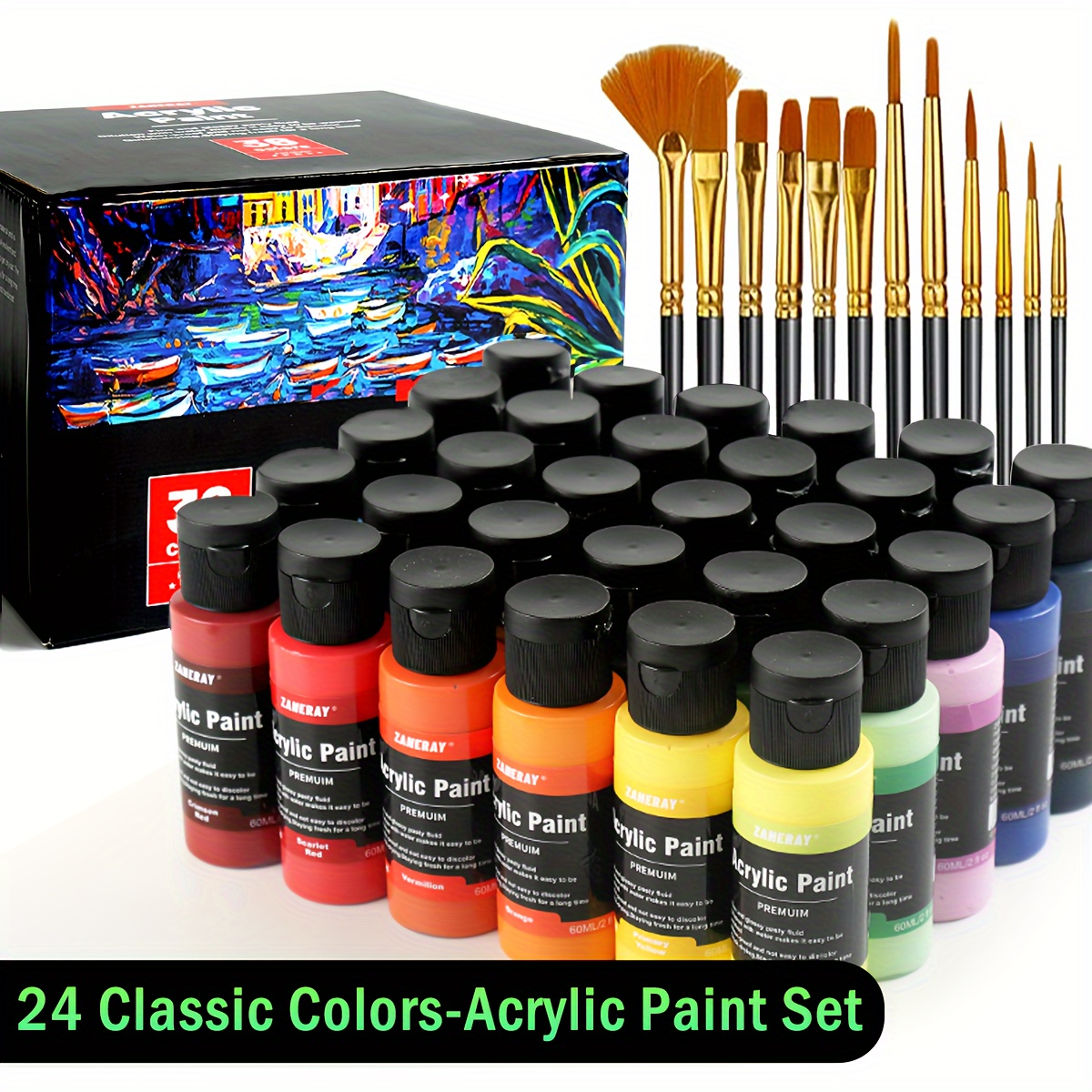 

Acrylic Paint Set, 24 Classic Colors (2oz), Professional Craft Paint Kit, Canvas, Rock, Stone, Ceramic, Model, Wood Painting With 12 Brushes