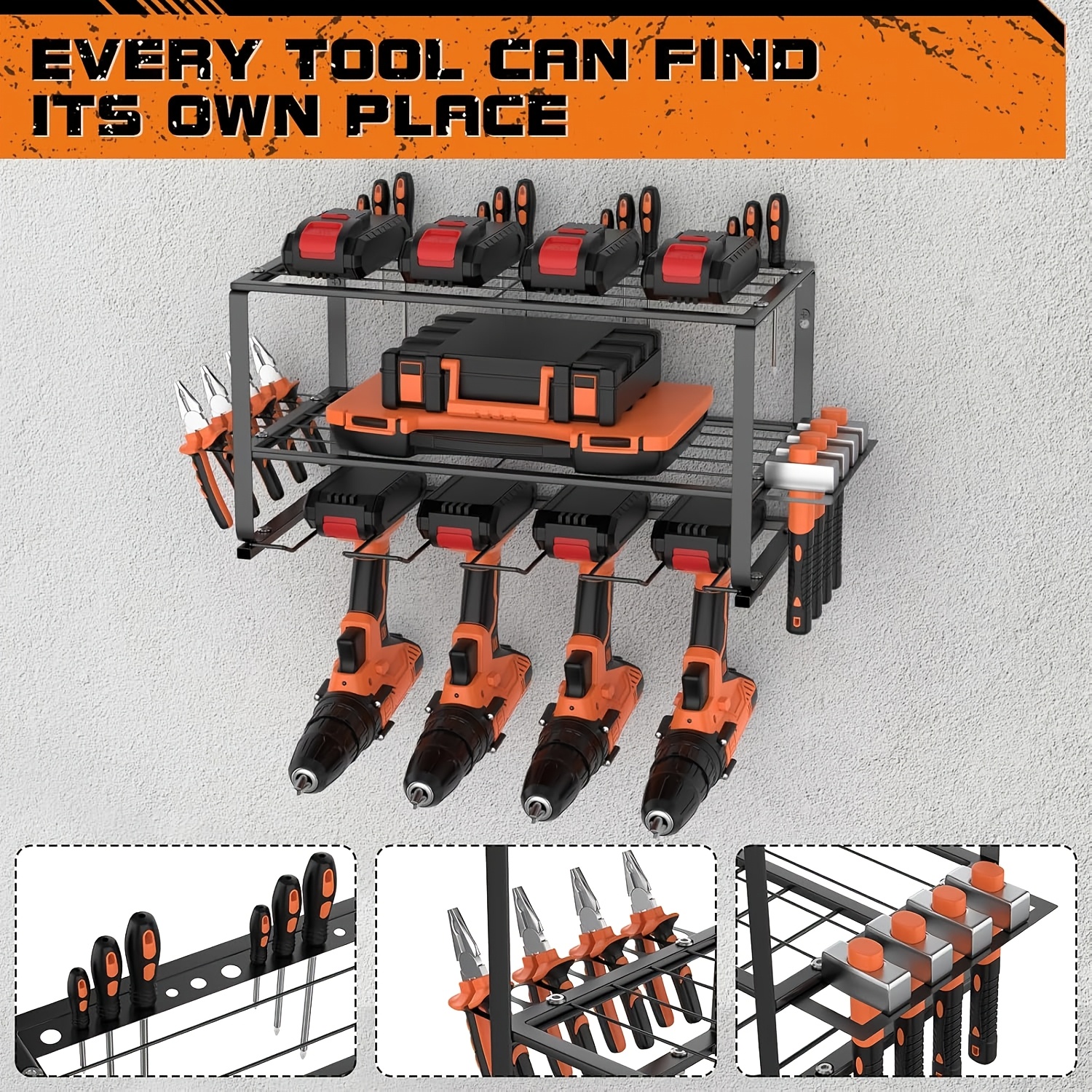 Image of 3-tier Power Tool Storage, Heavy Duty Metal Tools Shelf Organizer Rack For 4 Drill Tools, Toolbox, Screwdrivers, Pliers, Space Drill Holder 150lbs Load, Black, Utility Shelves