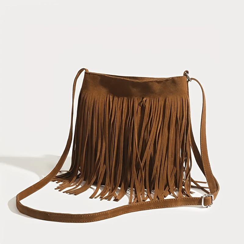 TEMU Vintage Western Boho Fringe Shoulder Bag - Adjustable Strap & Magnetic Closure Crossbody Bag With Fringe Detailing, Magnetic Snap Closure