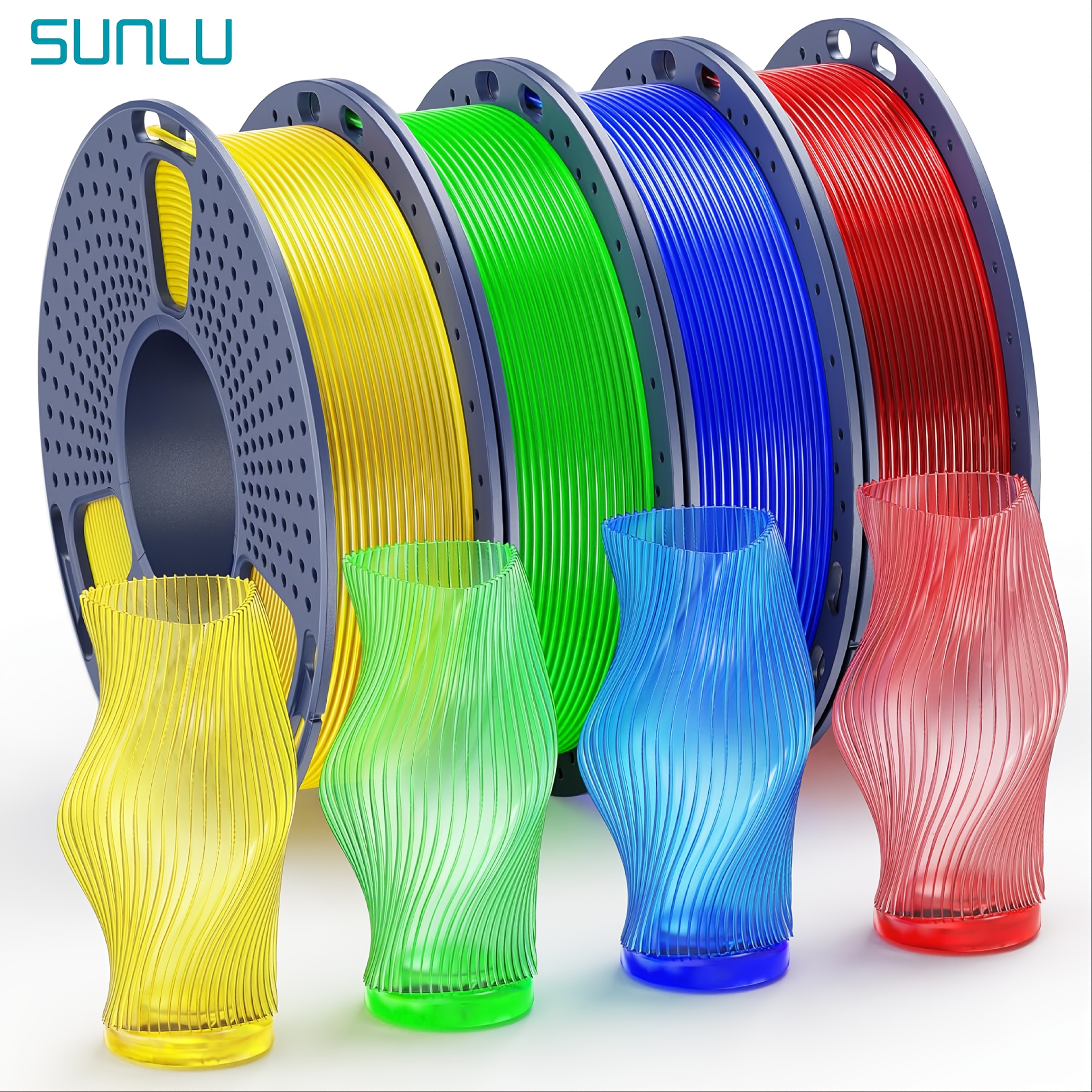 Image of 4 Rolls Sunlu Petg Filament | 250g Each, 1.75mm Diameter, Wound, Individually Vacuum Packed, Total 1kg, Transparent Red+blue+green+yellow