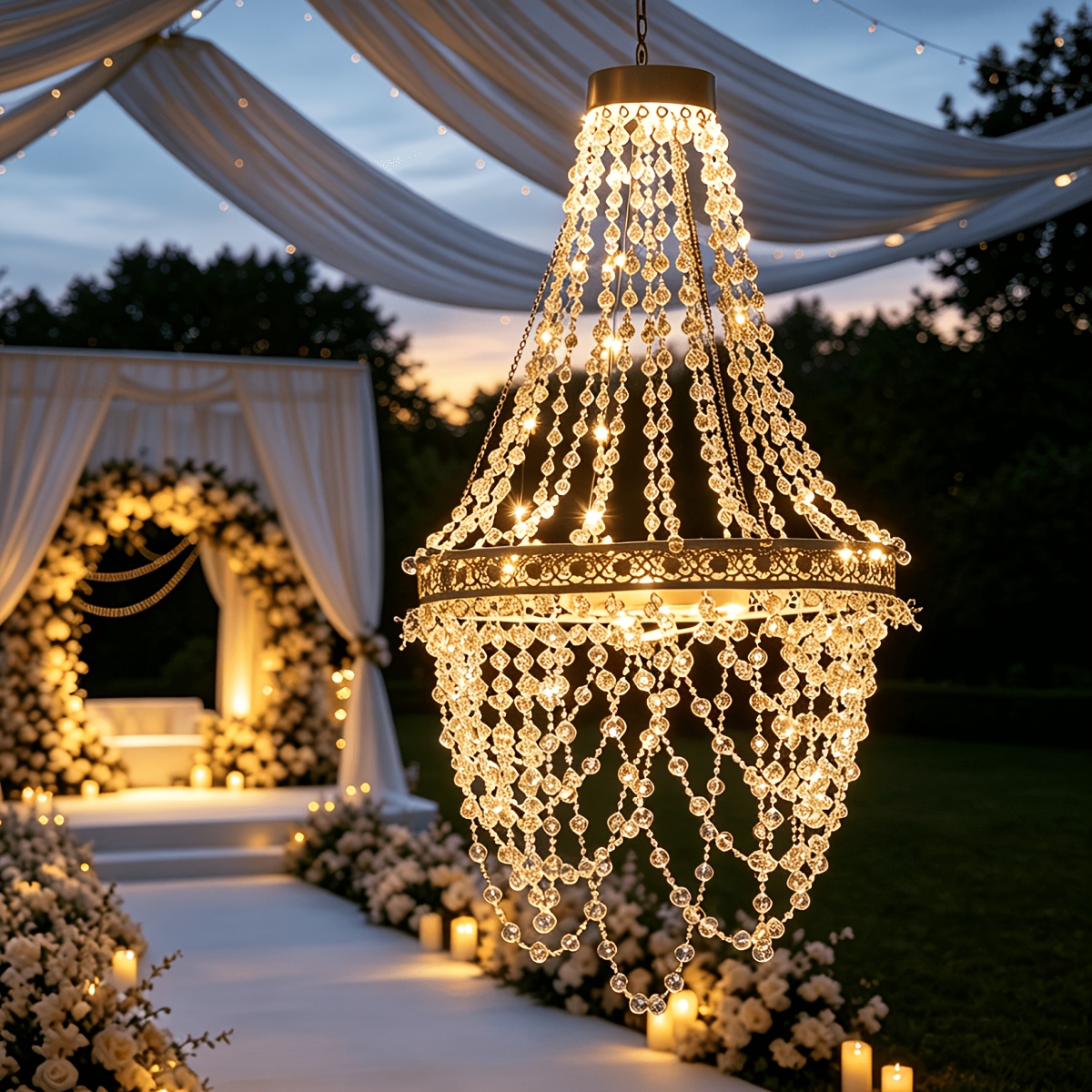Solar Hanging Crystal Chandelier | Outdoor Garden Decorative Lights with 54 Warm White LEDs, Waterproof, Lithium Battery Powered, for Garden, Yard, Patio, Gazebo, Party, Wedding