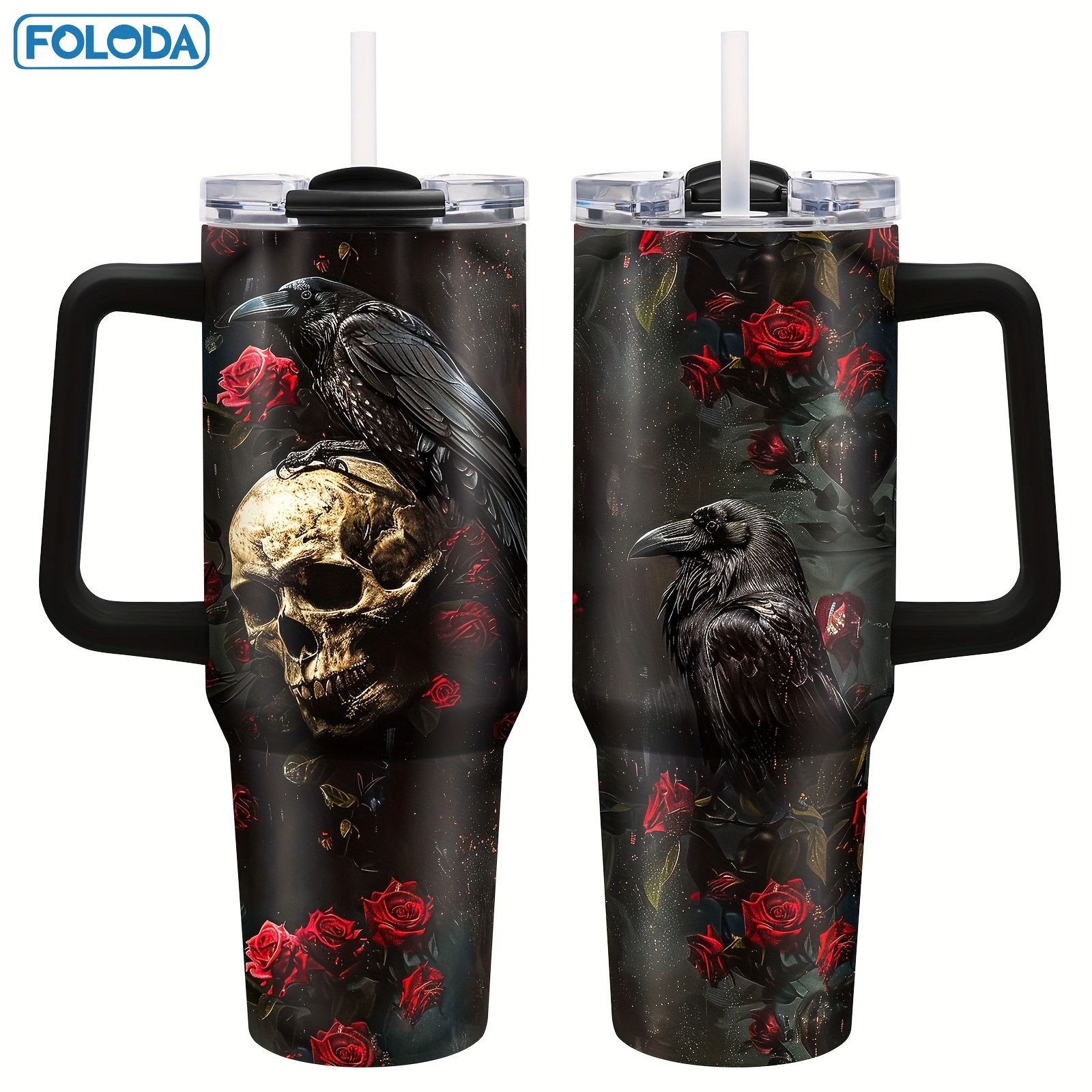 

Foloda & Stainless Steel Tumbler 40oz With Handle, Lid & Straw - Reusable Gothic Graphic Travel Mug Theme, Leak Proof Oval Cup - Great For Multiple Holidays, Gift For Horror & Skeleton Enthusiasts