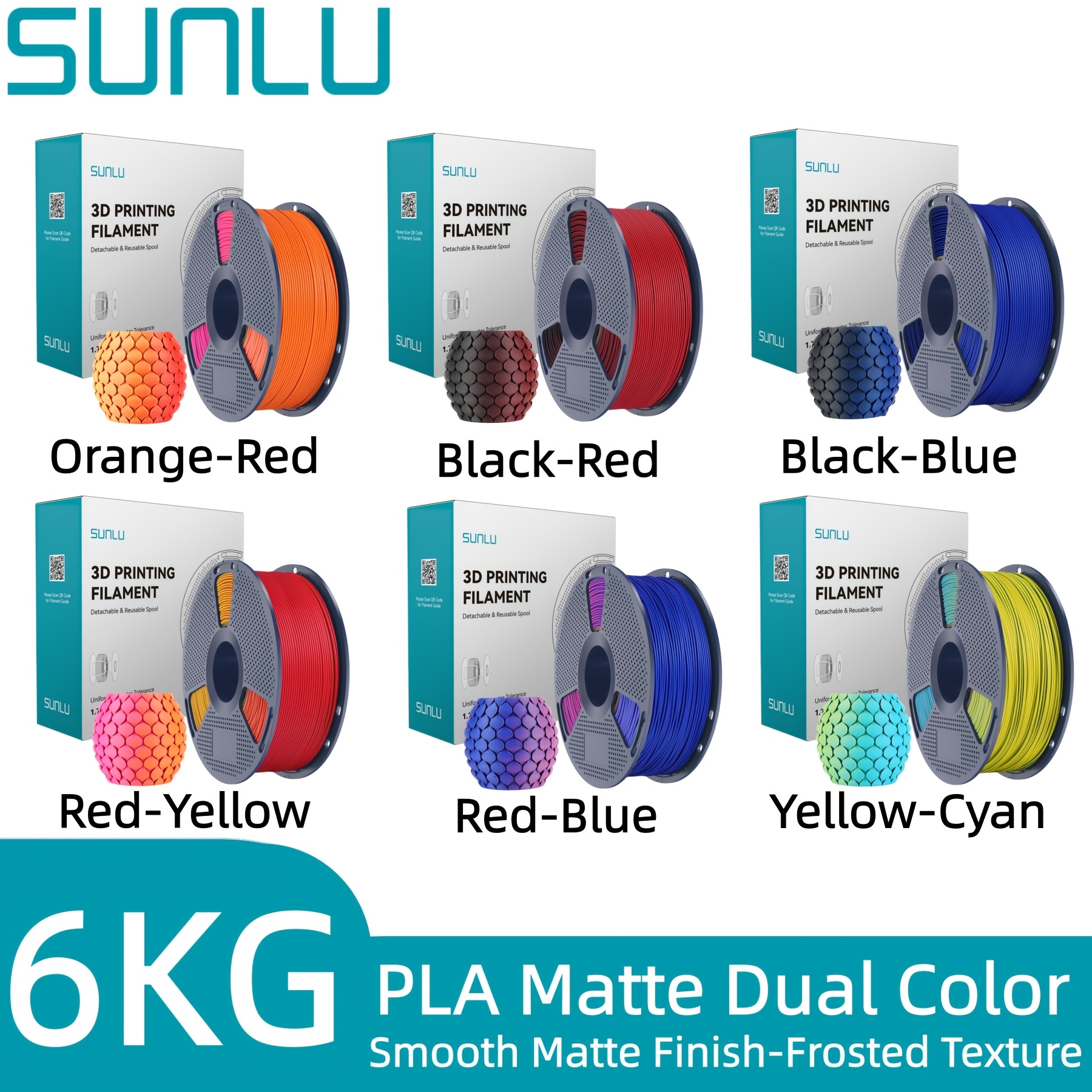 TEMU Sunlu 6kg Matte Pla 3d Printer Filament, 1.75mm, Matte End, Frosted Texture, Low Gloss, Easy Printing, 6 Pack 1kg Rolls