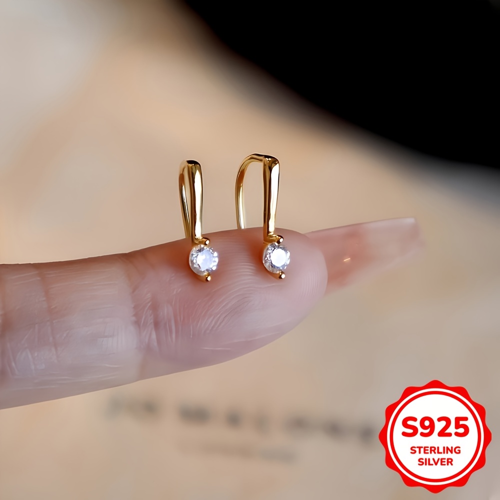 TEMU 0.6g 1 Pair Of Minimalist S925 Sterling Silvery Inlaid Zirconia Small Ear Hooks Gold Color Light Luxury Earring For Women Gift