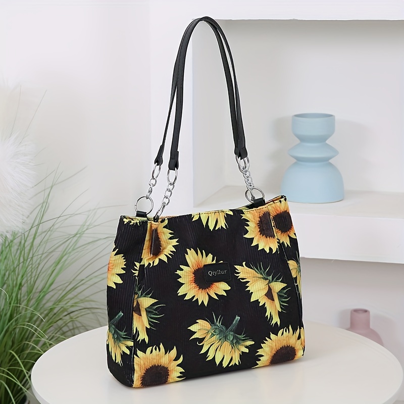 

Sunflower Print Large Capacity Tote Bag For Women, Shoulder Handbag With Zip Closure, Black Fabric, Hand Wash Or