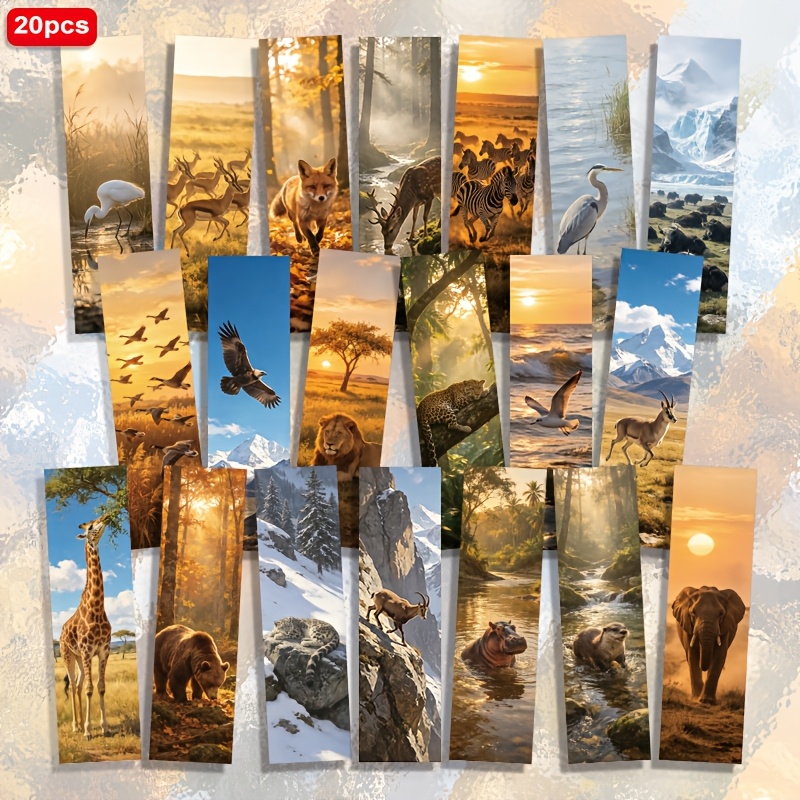 TEMU 20pcs Photography Bookmarks, 1.5in*5.9in 2d Printed Paper Bookmarks With Zebra, Leopard, Elephant, Giraffe, , Eagle, , Lion, And Bear Patterns,