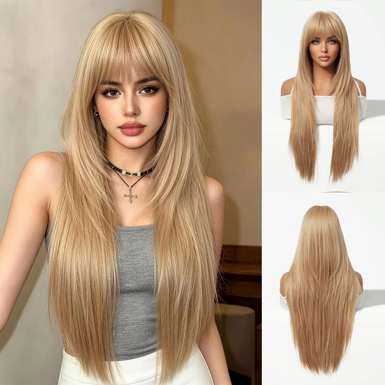 TEMU Perruque blonde longue et lisse avec frange - Perruque en fibre synthétique résistante à la chaleur de 76 cm pour femmes, et idéale pour les