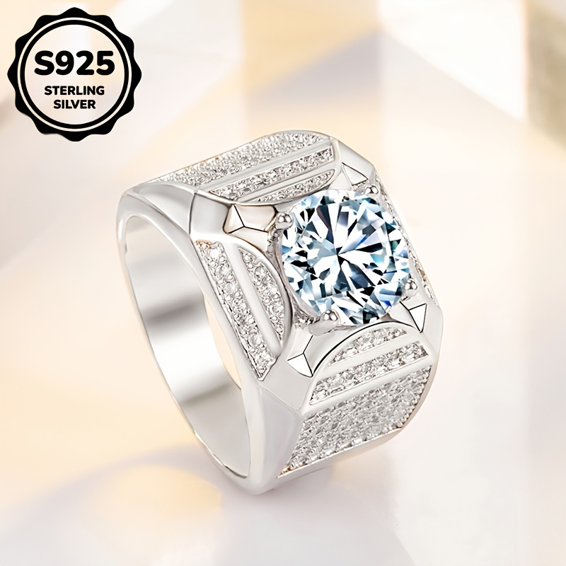 Image of 1pc S925 925 Silvery Plated Exquisite Fashion Micro-inlaid Four-claw Synthetic Synthetic Cubic Zirconiaia Men And Women Gift Ring Size 6-13 Optional High-quality Jewelry Evening Party Wear