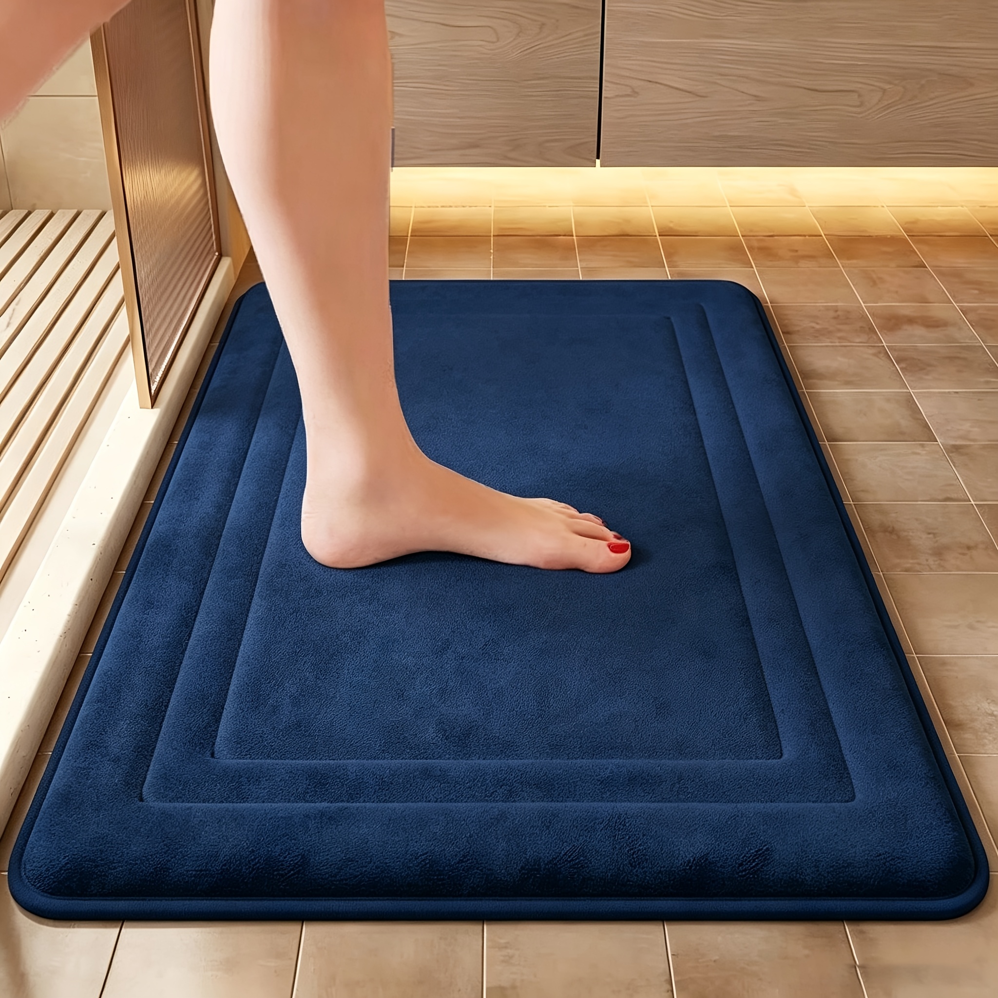 TEMU Non-slip Coral Fleece Bathroom Mat - Soft, Washable, And Durable With Pvc Backing For Safety , Available In Gray, White, Black, Navy Blue, And