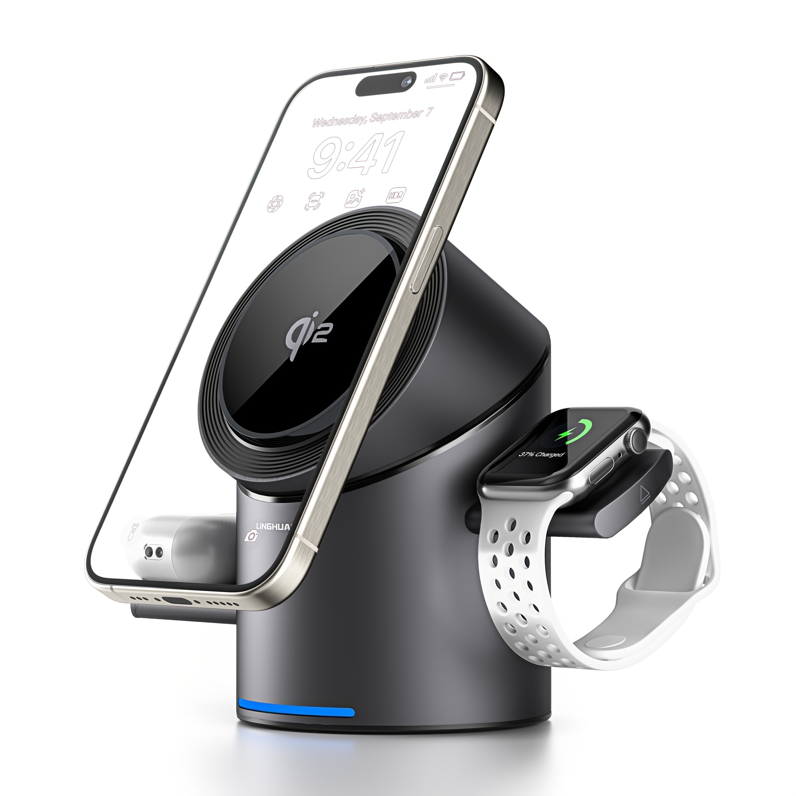 3 in 1 auto rotating wireless charging station for devices magnetic safety wireless charging dock qi2 15w wireless charging station compatible with iphone 16 15 14 series iwatch gray 6