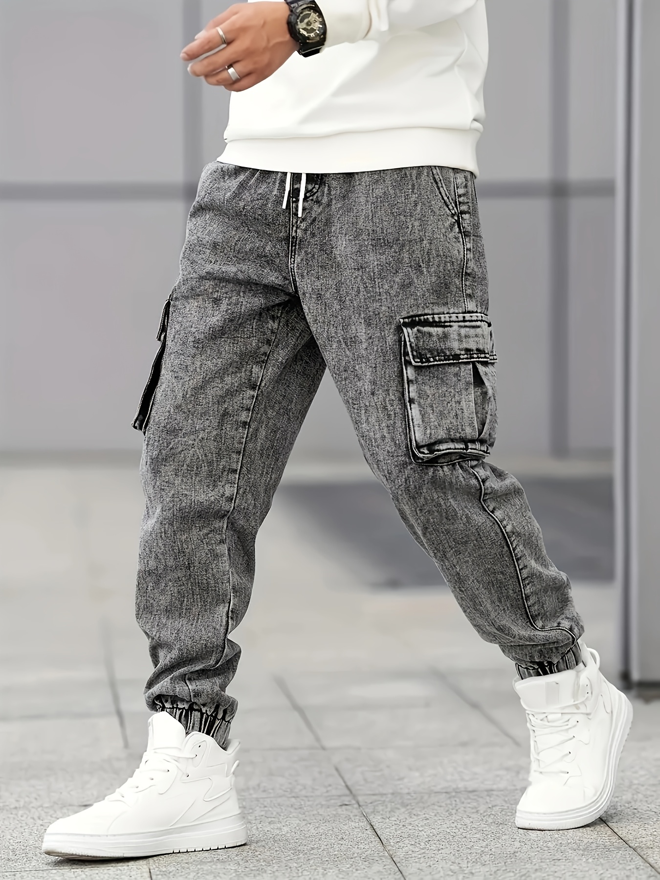 Men's Slim Fit Cargo Jeans - Stylish Gray Denim with Multiple Pockets, Durable Cotton/Polyester Blend, All-Season Wear