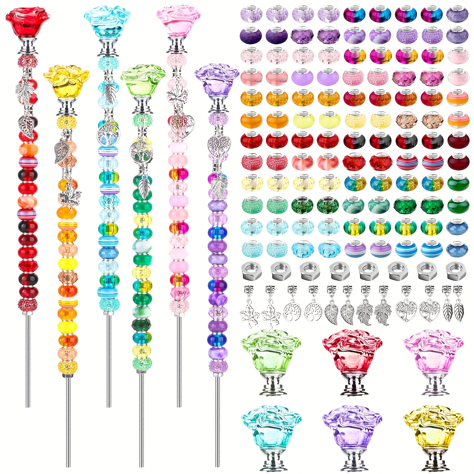 Image of 140pcs Diy Fairy Garden Stakes Kit - Beaded Garden Stake Set With Colorful Rose Crystal Stopper Top, Silvery Charms & Large Hole Beads For Outdoor Decorations, Holiday Gifts & Creative Craft Projects