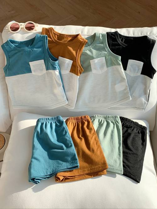 8pcs set of multicolored summer knit soft round neck and elastic waist shorts for baby boys girls suitable for school home and outdoor activities for outdoor