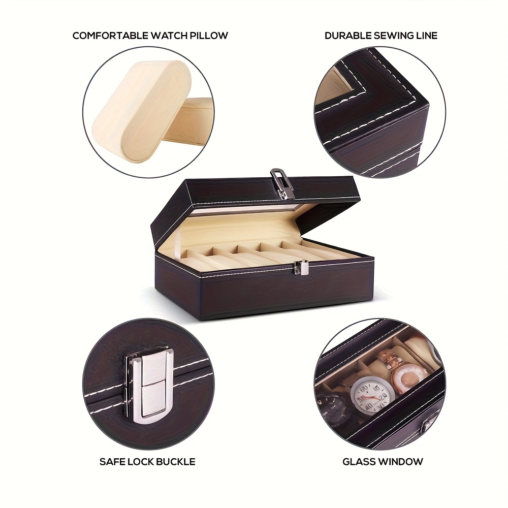 6 slot watch display box storage case with glass lid lockable   organizer cabinet rectangular watch shelf with wood interior for mens womens watch collection for   use Product details 8