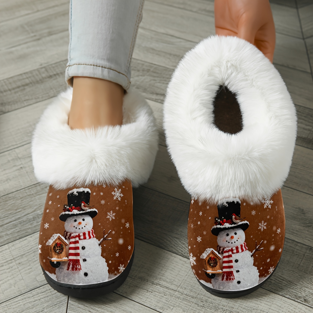 Women's Cozy Winter Snowman Slippers with Plush -Like Collar & TPR Sole - Red & White Snowflake House Shoes, Easy Slip-On Indoor/Outdoor Booties, Christmas Gift (Hand Washable, Multi-Color Options)