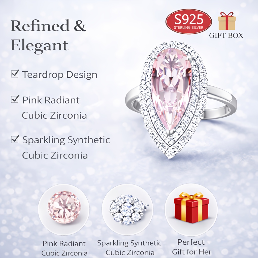 Image of An Elegant Pink Synthetic Zirconias925 Ring, 8 Carat Synthetic Synthetic Zirconia, Adjustable Opening, Love Token, Unique Gift For Her, Gift For , Gift Box