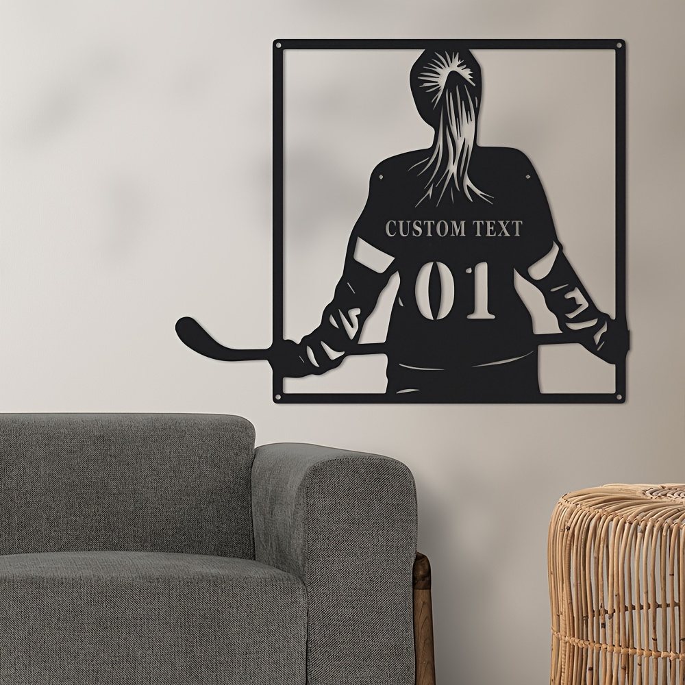 1pc Personalized Ice Hockey Player Metal Wall Art, Custom Name, Bohemian Style Hanging Decor, Versatile Statue Wall Ornament for Living Room, Office, Outdoor Porch - Farmhouse Kitchen Decoration, Art Deco, Wall Mount, Sports Theme, Original Artwork, Ideal for Christmas, Easter, Thanksgiving, Valentine'S Day, Graduation