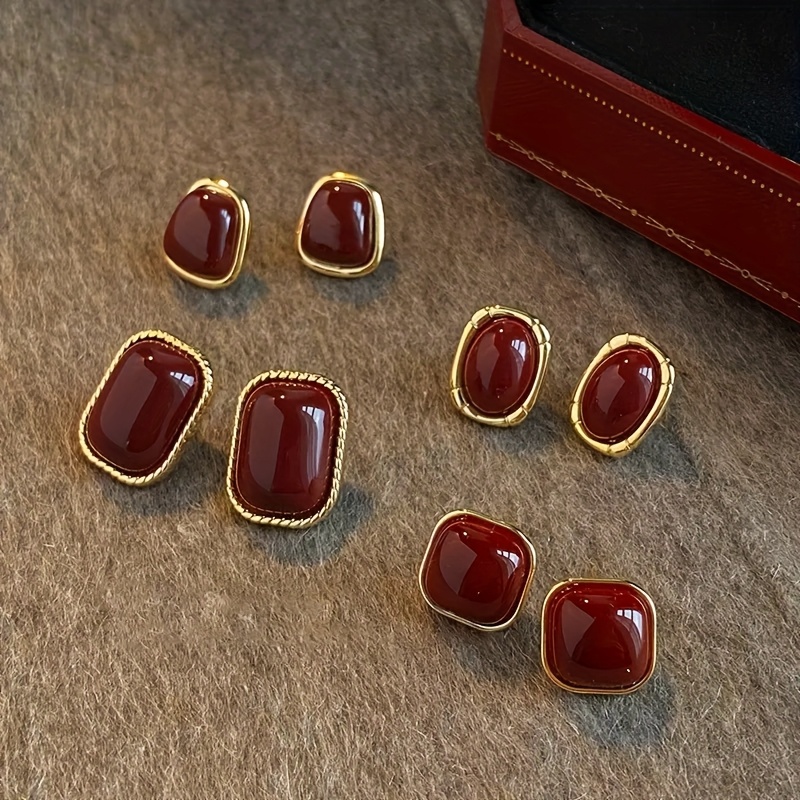 Image of Four-pair Set Of Women's Fashion Stud Earrings, Vintage Hong Style Burgundy Square Geometric Earrings, Suitable For Women' Casual Wear And Holiday Gifts
