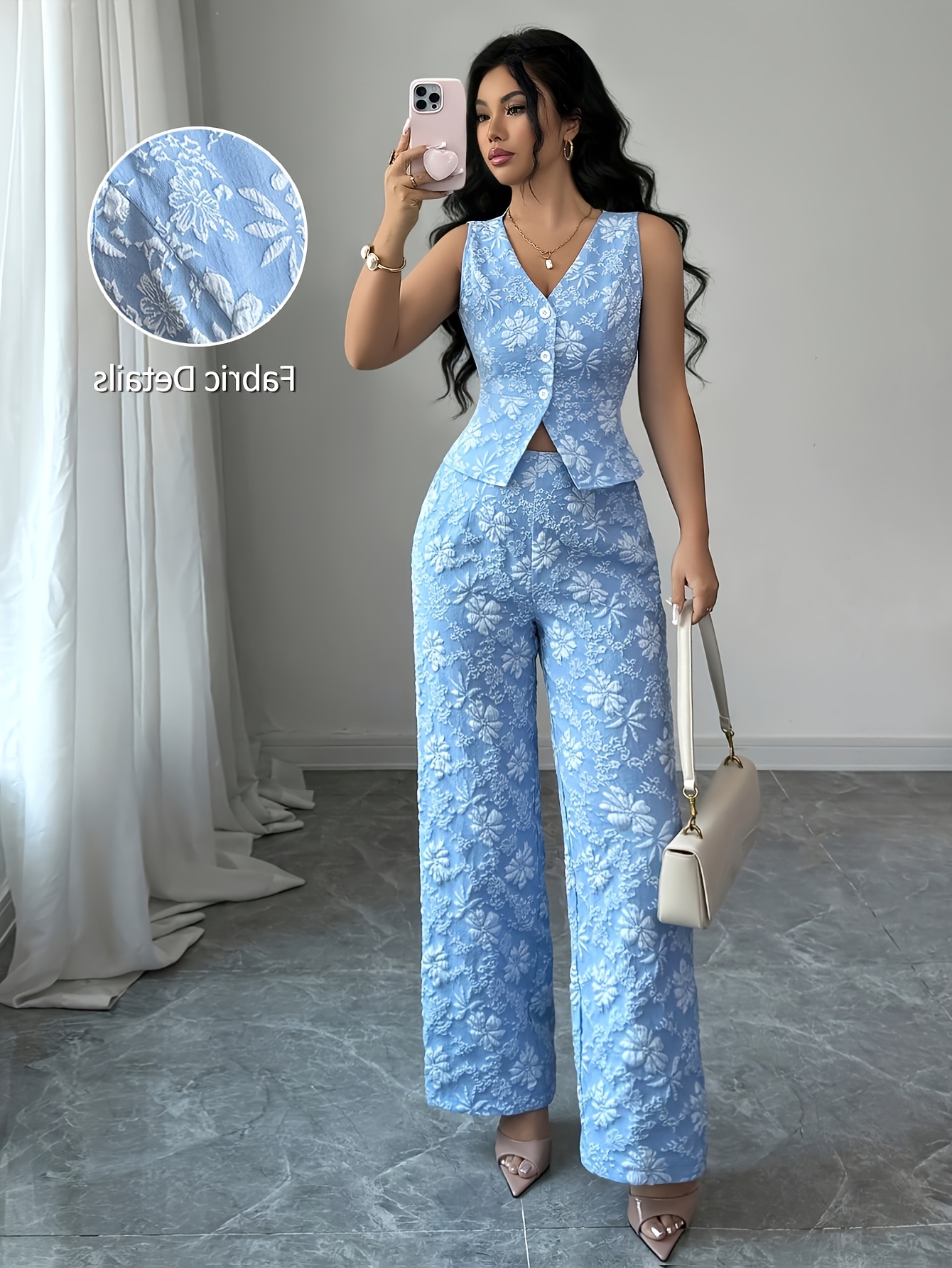 imagen del artículo   conjunto de 2   y pantalón   para mujer con jacquard de margaritas, chaleco sin   con botones y cuello     con pantalón largo de pierna  , conjunto de pantalones para mujer elegante, a  , con estilo y casual