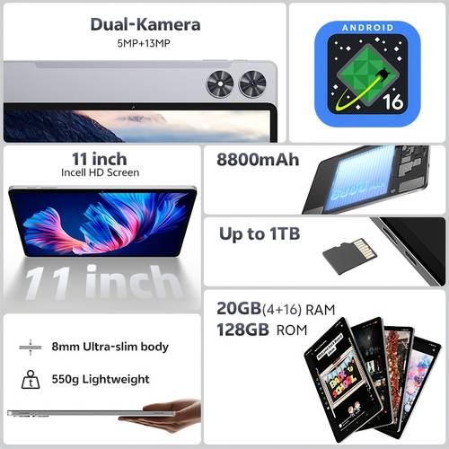 p11 2026 tablet, 2-in-1 tablet mit tastatur, maus, hülle, stylus (nicht elektronisch), 20gb (4gb+16gb erweitert) , 128gb rom, 8800mah akku, geschenk, 11-zoll hd ips touchscreen, 13+8mp dual-kamera mit autofokus
