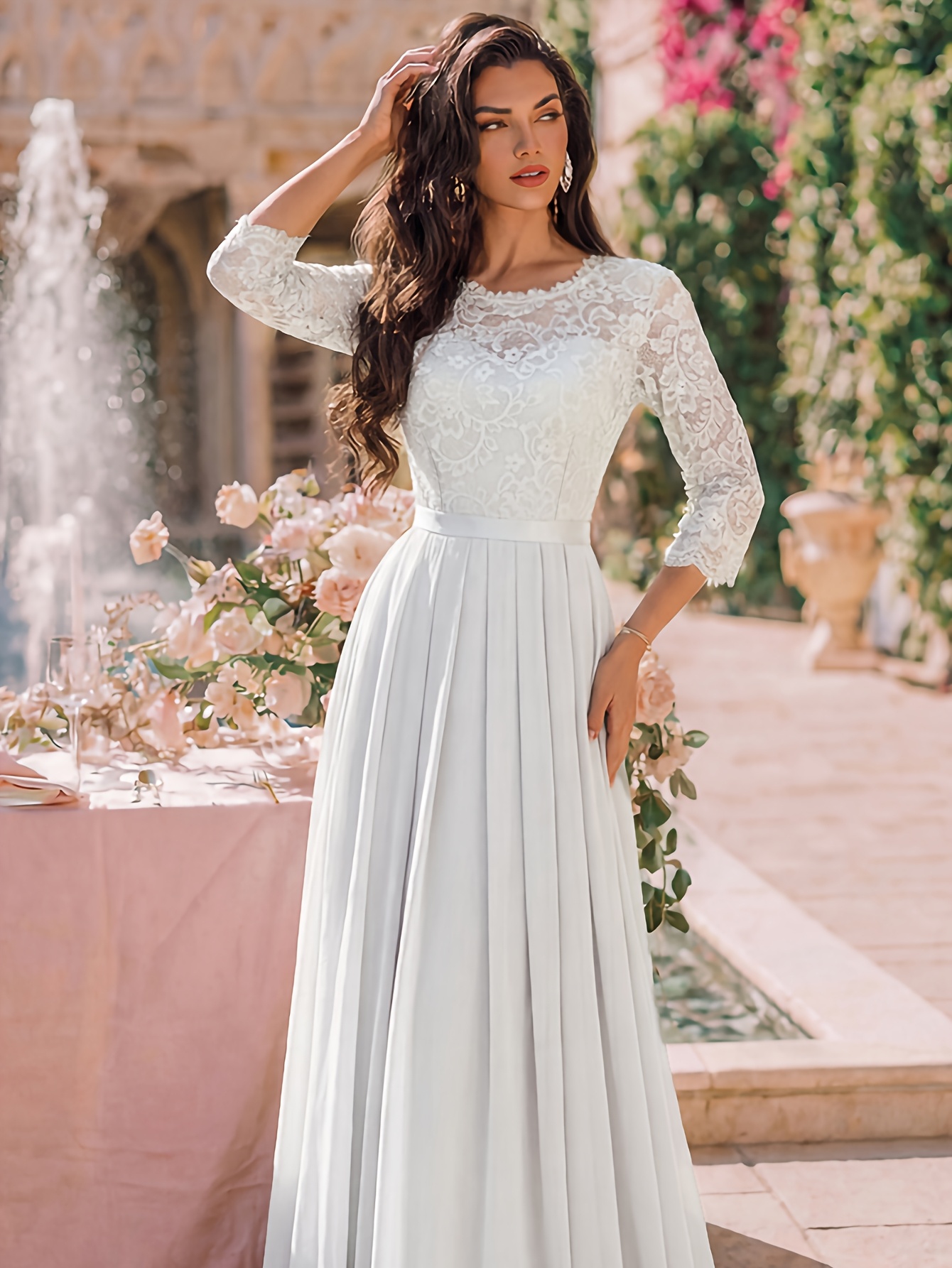 womens elegant floral lace contrast chiffon 3 4 sleeve - Temu United Arab  Emirates