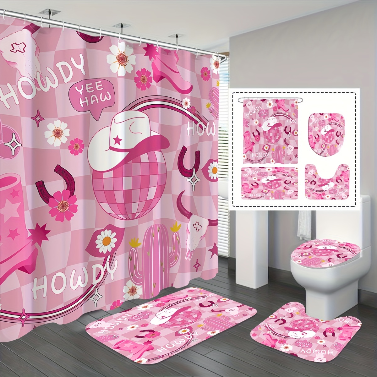 

1/3/4pcs Pattern Shower Curtain Set, Bathroom Set, Bathroom Carpet, U-shaped Mat, Mat, Curtain, Shower Curtain Set, Shower Curtain 12 , Bathroom