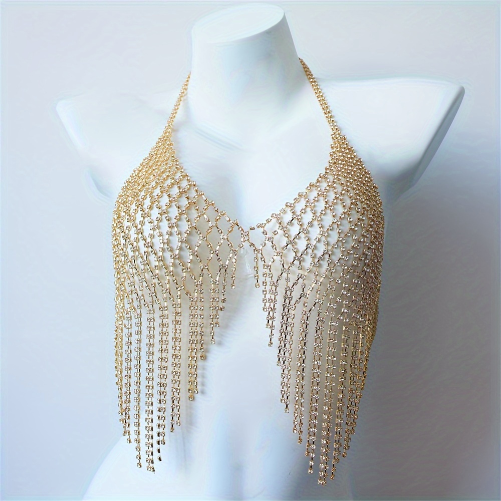 nightclub shiny crystal mesh tassel bra chain exquisite trendy waterdrop pendant chest chain body chain jewelry accessories details 0