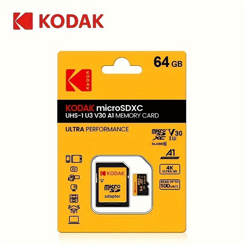 TEMU Kodak Memory Card - 32gb/64gb/128gb/256gb With Adapter, Flash Tf Card (v30, A1, C10), Suitable For Tablet/camera/phone/laptop/pc/car Audio/game