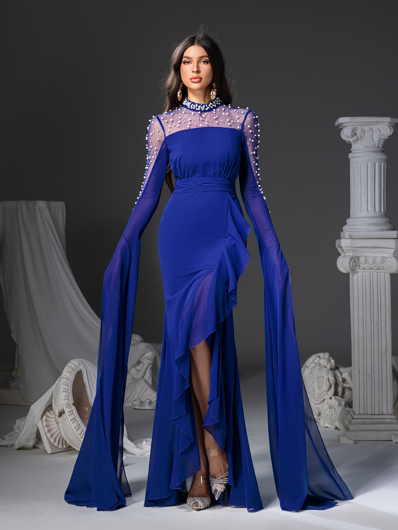 chinese dress ladies Long Formal Ruffle Sleeve Chiffon Evening Dress