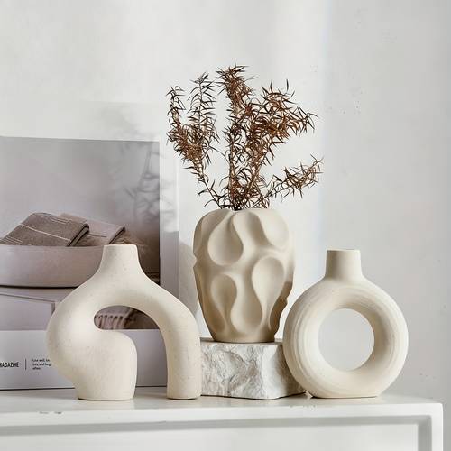 ceramic vase set 3 piece bohemian farmhouse style decorative vases pampas grass beige vases home decor living room kitchen bedroom entryway mantel
