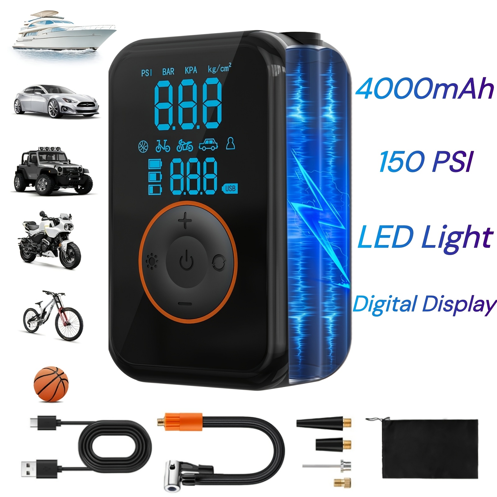 TEMU 4000mah Tire Inflator Portable Air Compressor Cordless Mini Bike Pump With Digital Dual Values Display, 150 Psi Car Tires Air Pump With Led