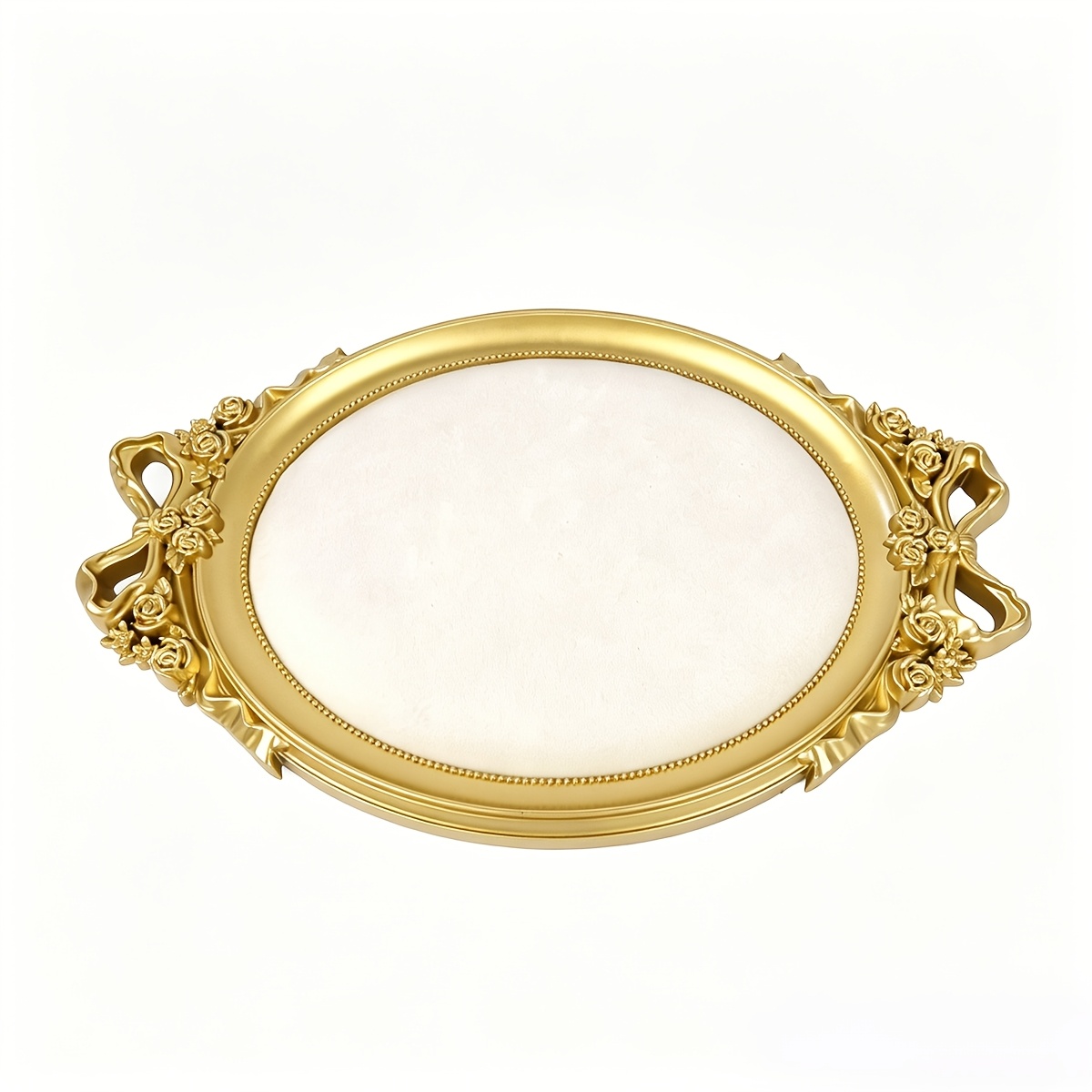 Retro Golden Frame Oval Jewellery Tray with Bow, Velvet Lining