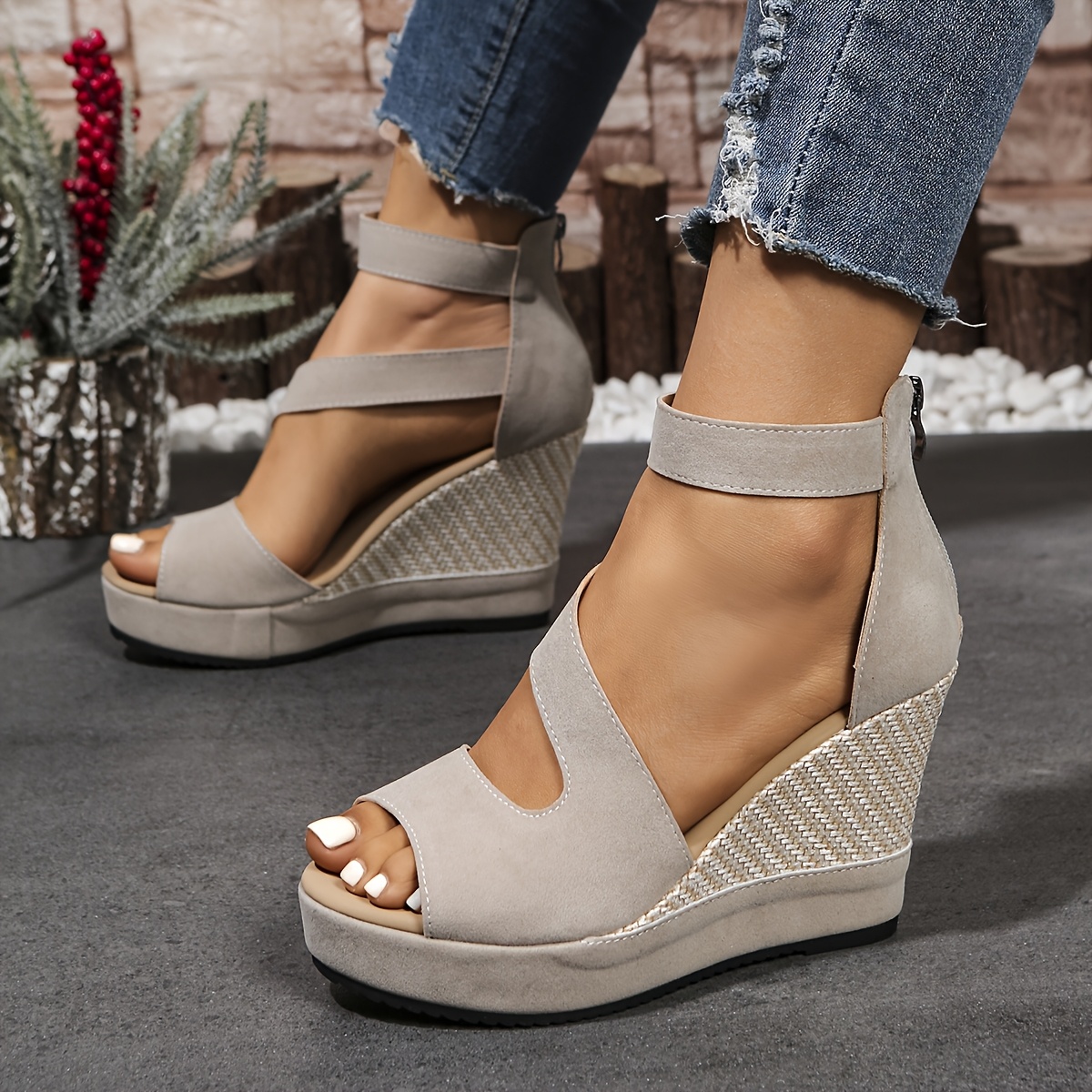 Women'S Elegant Olive Green Platform Sandals with Zipper Closure - Stylish Wedge Heel, Open Toe Design, Synthetic Insole & Sole, Perfect for Summer, Summer Footwear | Elegant Sandals | Zipper Closure Shoes