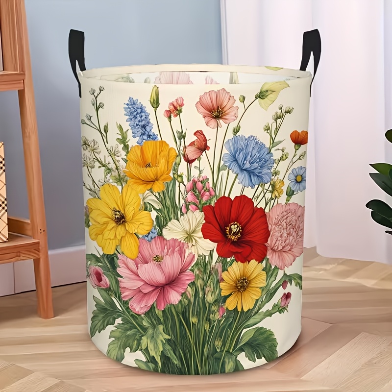 TEMU Panier à linge 1 pièce pliable, motif floral vintage de printemps dessiné à , panier de bain rond adapté pour salle de bain et chambre, boîte de