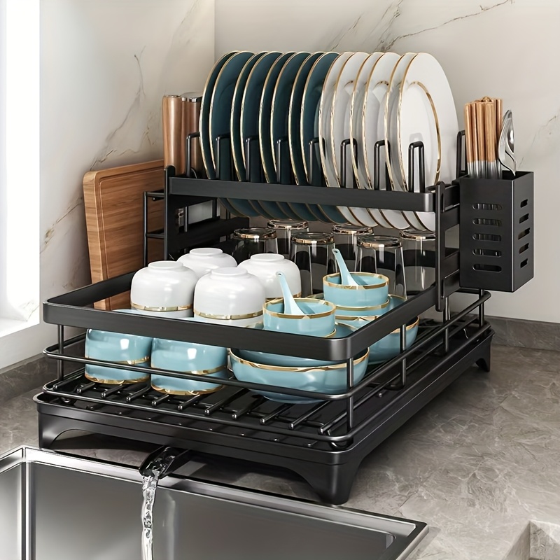 2 tier black iron kitchen dish rack large capacity storage organizer with   utensil holder cup hooks foldable design for   space saving kitchenware for drying plates bowls pots cutlery