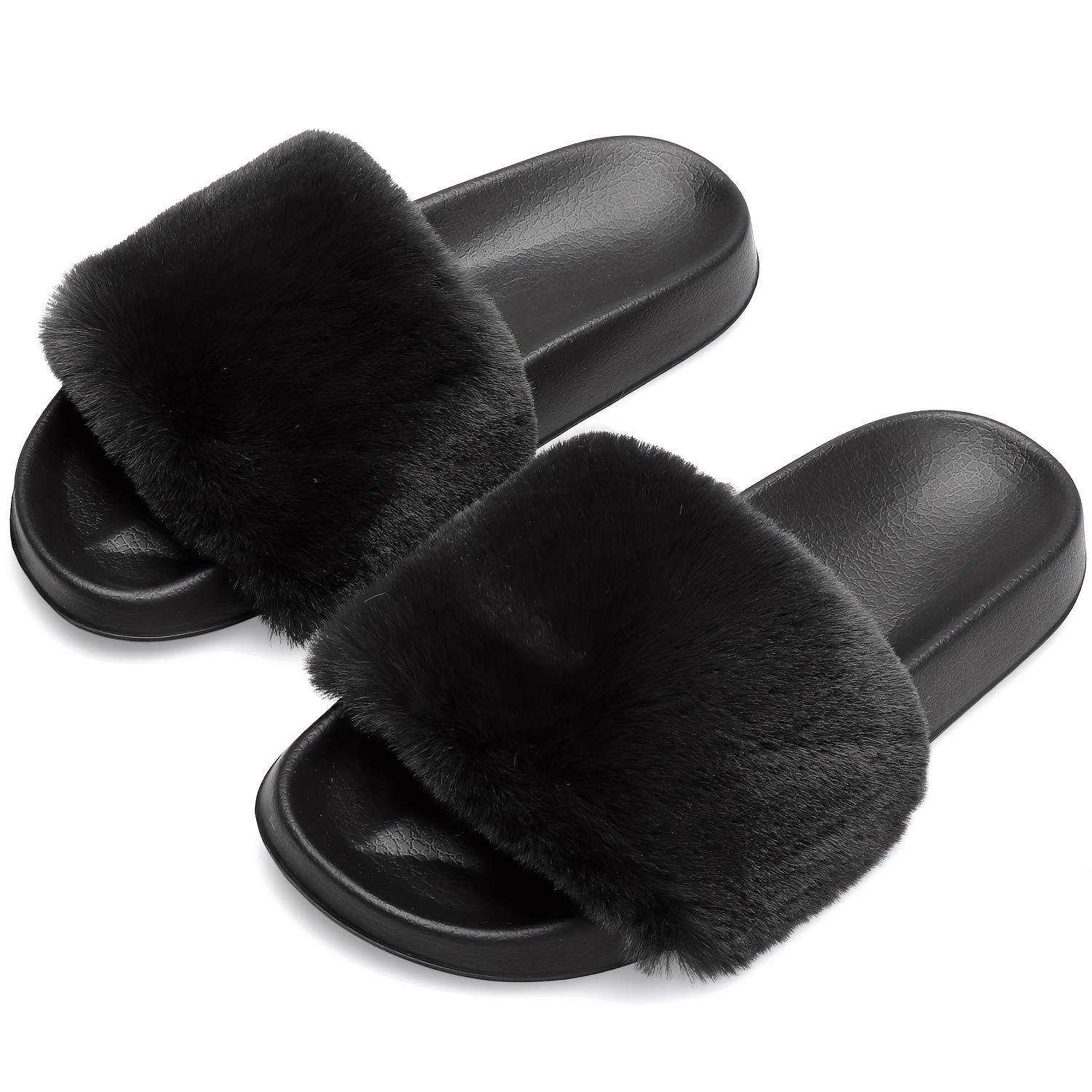 

Womens Fuzzy Slides Open Toe Furry Slide Slippers Indoor Outdoor Slides Sandals Casual Flat Fluffy House Slippers