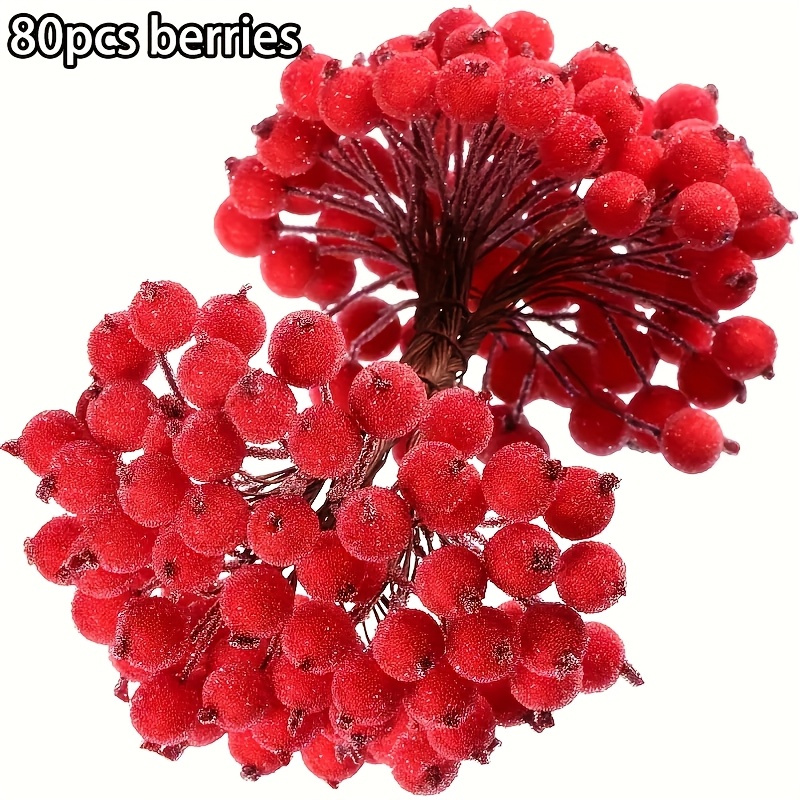 TEMU 80pcs, Frosted Red Artificial Berry Stems, Mini Fake Berries For Christmas Trees, Garlands, Crafts, And Home Decor