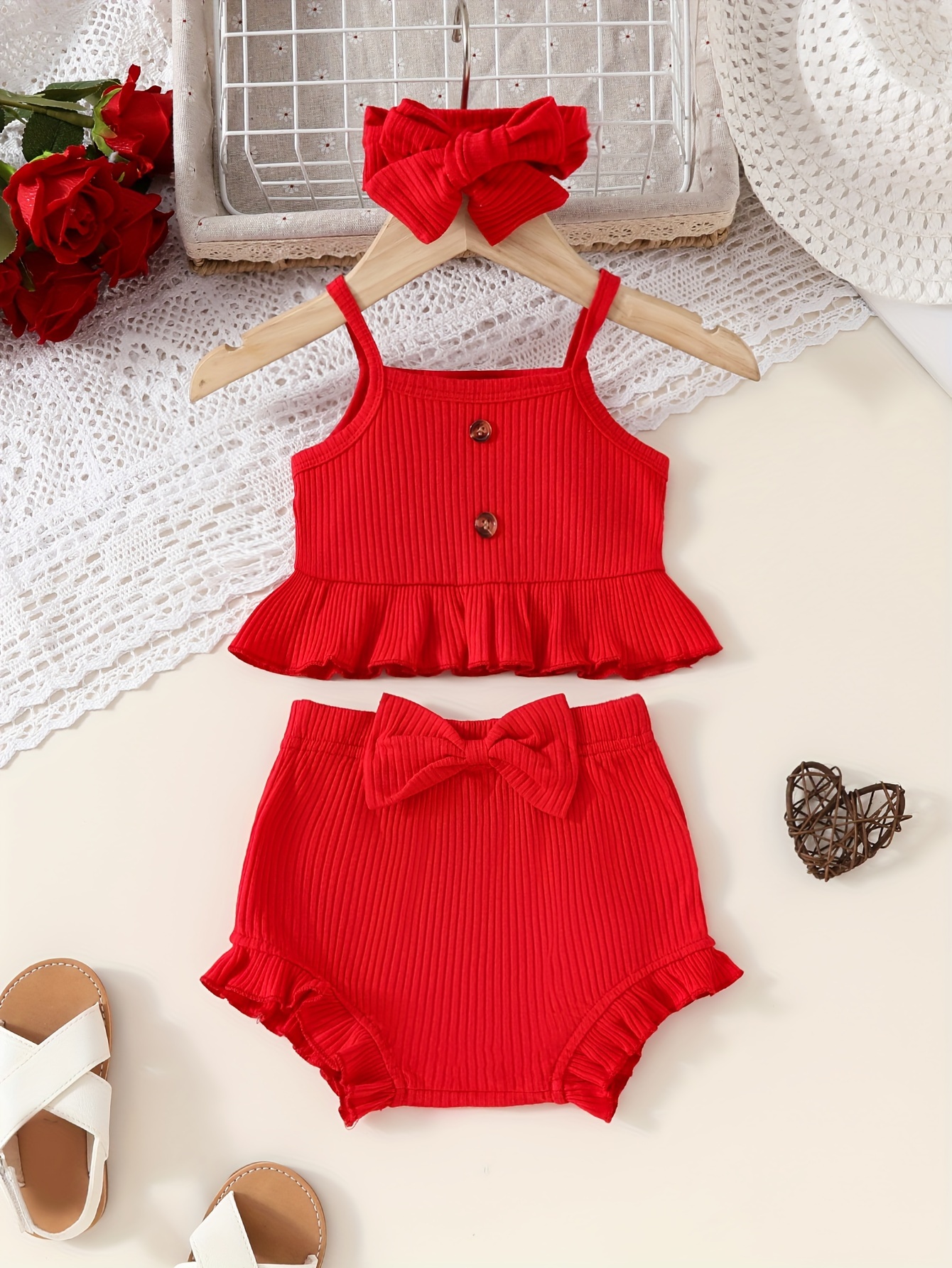 100% Cotton 2pcs Baby Girl Eyelet Embroidered Ruffle Trim Flutter-sleeve Top and Bow Front Shorts Set