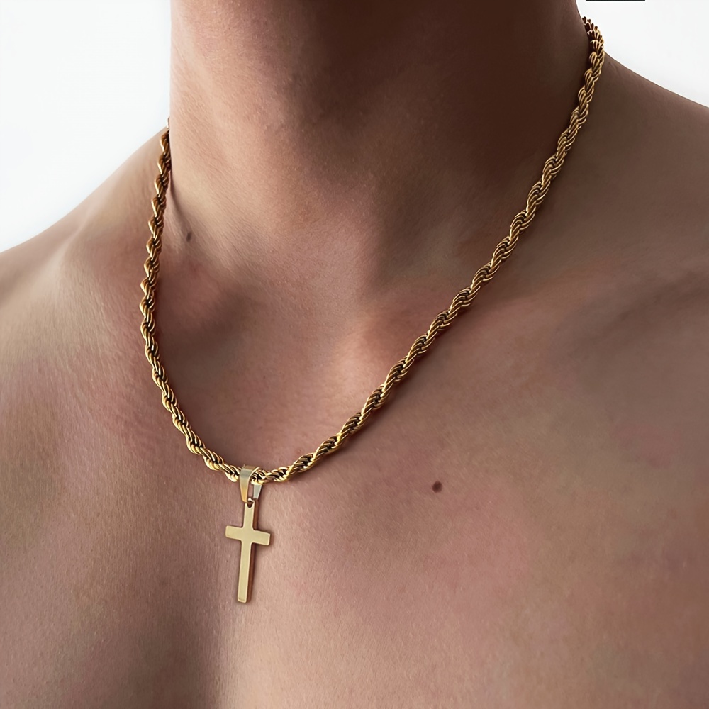 Colar de corrente simples de aço inoxidável dourado para homem, com pendente de cruz, elegante e moderno, presente para o dia do pai detalhes 1