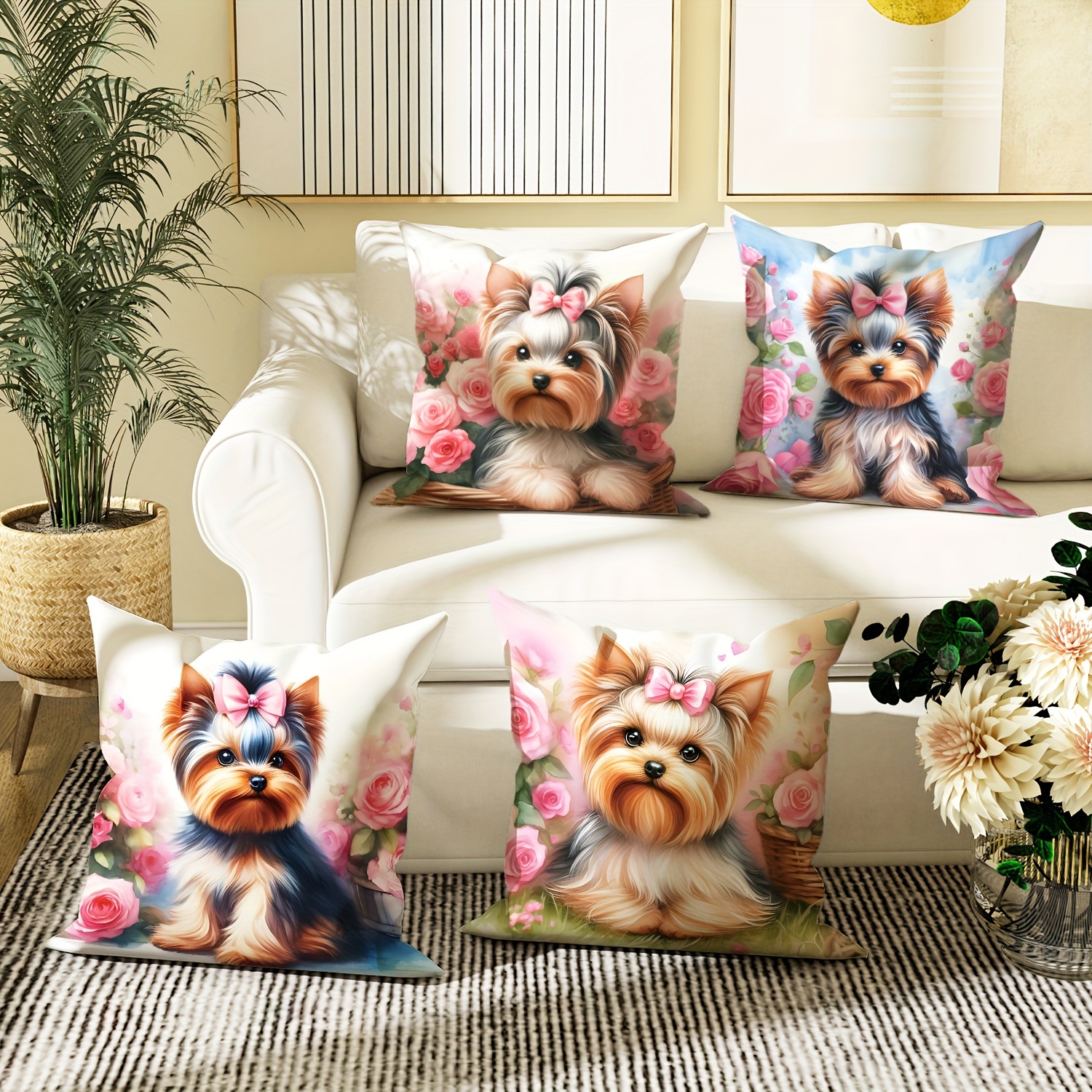 

4-pack Contemporary Velvet Throw Pillow Covers With Cute Dog Prints, Decorative Zippered Pillowcases For Sofa And Bedroom, Machine Washable Polyester, 18x18 Inches - Pink And Brown Dog Patterns