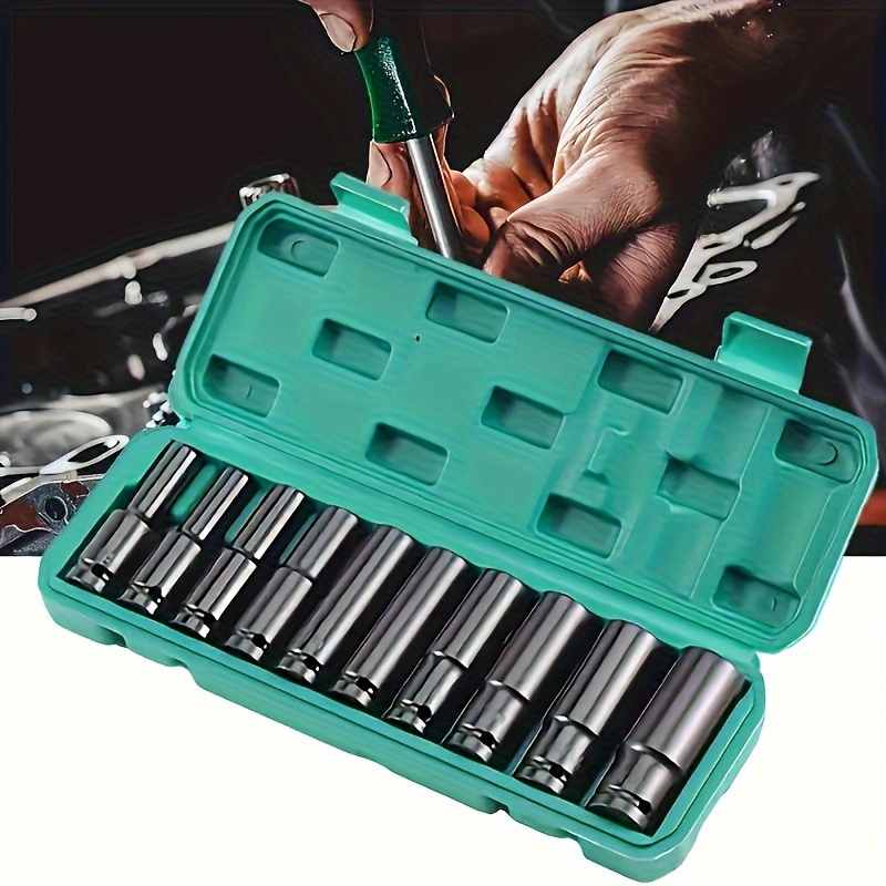 

10pcs 1/2in 10-24mm Lithium Impact Socket Set Impact Socket Set Carbon Steel Deep Sleeve Auto Repairing Tool