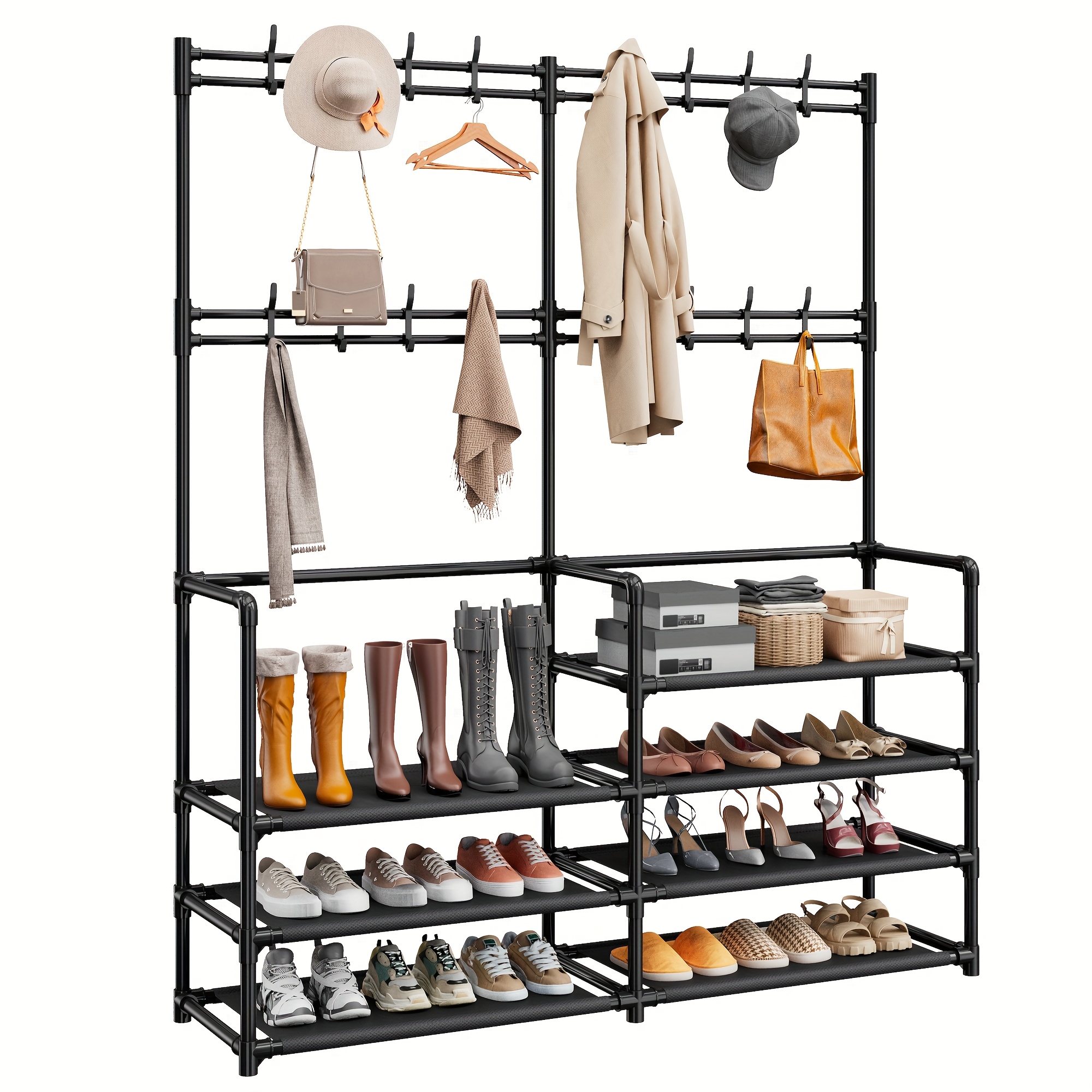 TEMU Multifunctional Large Capacity Shoe & Coat Rack Organizer With 16 Hooks - 2--layer Sturdy Metal Entryway Storage Shelf - Sleek -saving Design For Bedroom, Hallway, Office