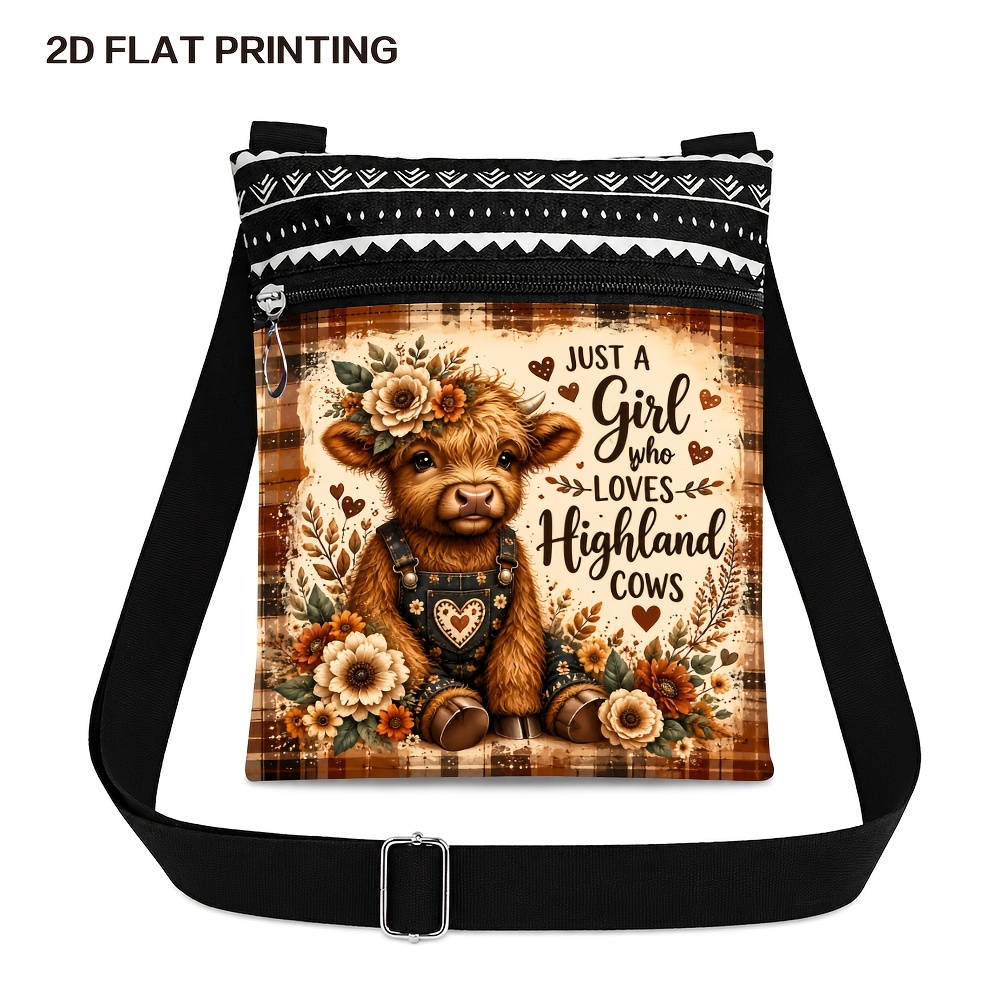 TEMU 1-pack Highland Cow Print Crossbody Bag With Floral Pattern, Adjustable Shoulder Strap, And Zipper Closure — Lightweight Small Shoulder Bag,
